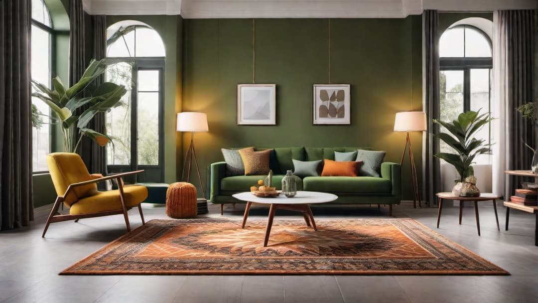  Generate an image of a living room with bold retro colors such as mustard yellow, avocado green, and burnt orange on the walls and furniture. Include mid century modern decor pieces like a geometric patterned rug, a sunburst mirror, and atomic age lighting. additional guidelines  hyperrealistic, full body, detailed clothing, highly detailed, cinematic lighting, stunningly beautiful, intricate, sharp focus, f/1. 8, 85mm, (centered image composition), (professionally color graded), ((bright soft diffused light)), volumetric fog, trending on instagram, trending on tumblr, HDR 4K, 8K