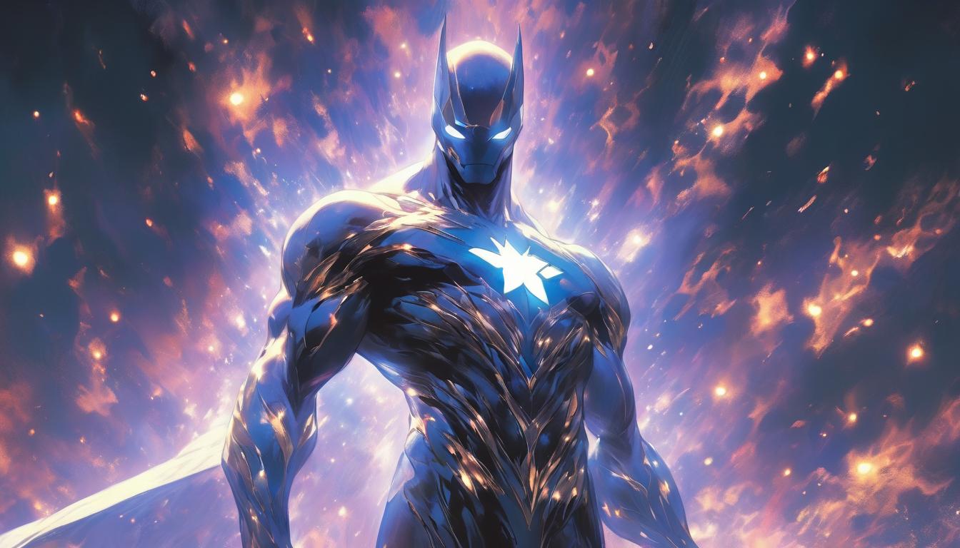  hyperrealism,fantasy aestheticA testament, shining figure, celestial background, starry robes, hand extended out, powerful stance, luminous aura, inspiring, transcendent, high tech clothing clad in sleek, futuristic costume with metallic accents and form fitting designs, marvel superhero comics style, unreal engine rendering