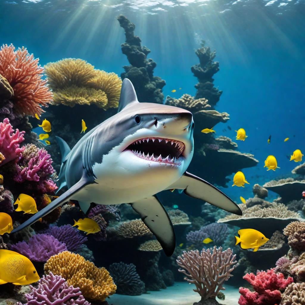  Create an image of an ecstatic shark dancing joyfully underwater, with colorful fish and vibrant coral surrounding it. hyperrealistic, full body, detailed clothing, highly detailed, cinematic lighting, stunningly beautiful, intricate, sharp focus, f/1. 8, 85mm, (centered image composition), (professionally color graded), ((bright soft diffused light)), volumetric fog, trending on instagram, trending on tumblr, HDR 4K, 8K