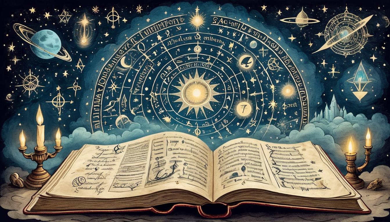  on parchment, surrealism+++, An open book with pages illuminated with arcane symbols, ethereal glow emanating from the pages, backdrop of constellations, mystical writings, ancient wisdom, misunderstood knowledge(mysterious, provocative, symbolic,muted color)+++