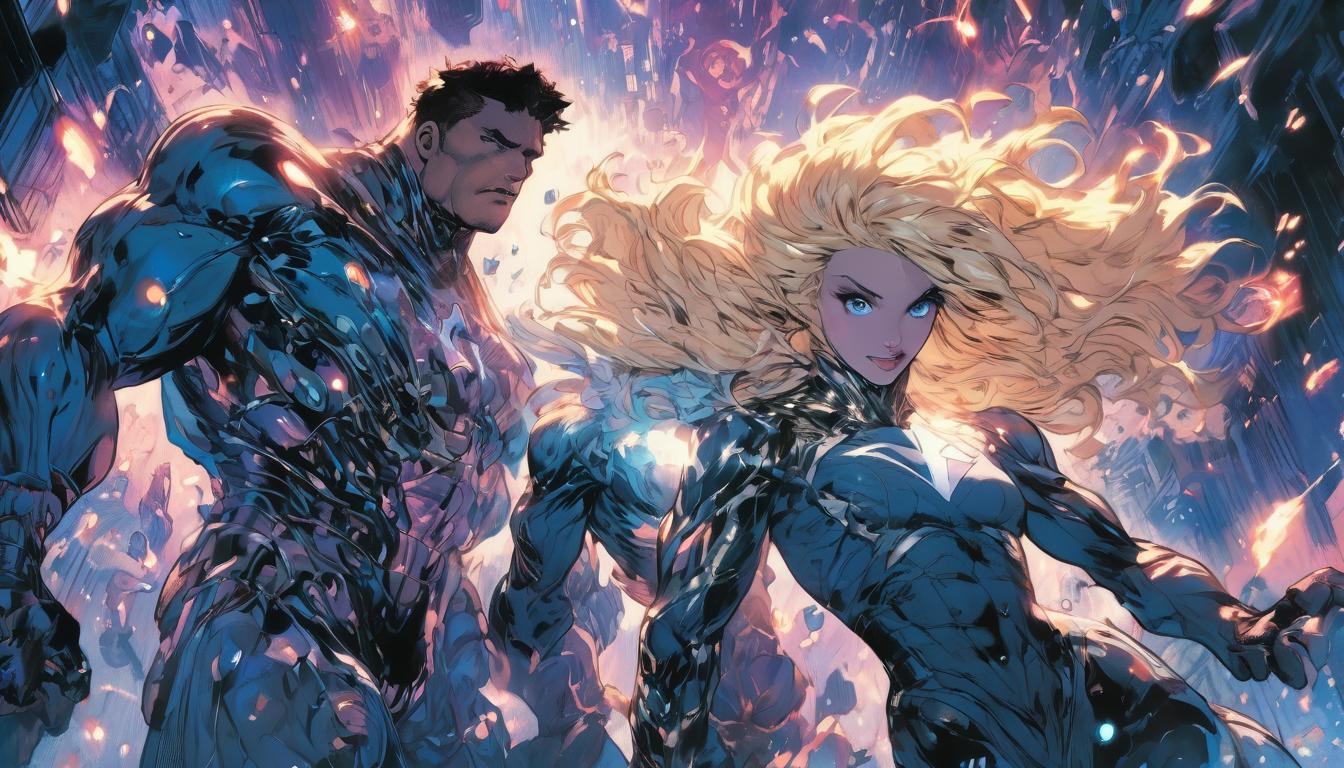  hyperrealism,fantasy aesthetic1 man 1 woman , large busted attractive blonde arian female humanoid and handsome blonde male humanoid, floating above a dissolving dark realm, chains breaking, sense of liberation, high tech clothing clad in sleek, futuristic costume with metallic accents and form fitting designs, marvel superhero comics style, unreal engine rendering