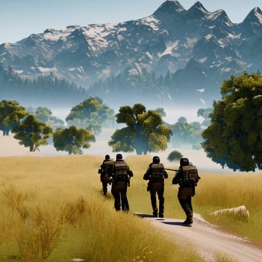  pubg squad fighting hyperrealistic, full body, detailed clothing, highly detailed, cinematic lighting, stunningly beautiful, intricate, sharp focus, f/1. 8, 85mm, (centered image composition), (professionally color graded), ((bright soft diffused light)), volumetric fog, trending on instagram, trending on tumblr, HDR 4K, 8K