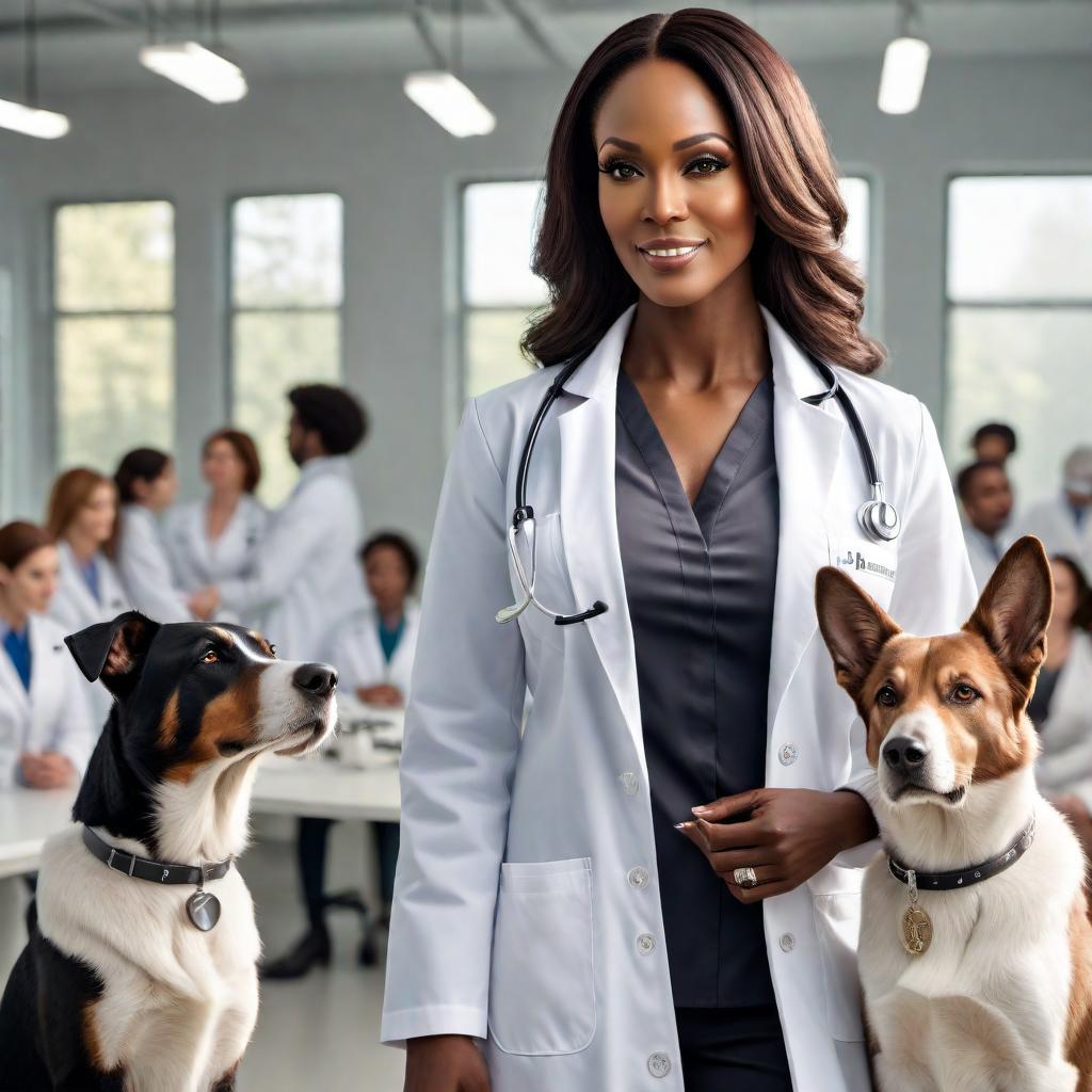  A black Christian woman veterinarian with a warm and caring expression, wearing a white lab coat, and stethoscope around her neck. She is standing in a modern veterinary clinic, with some animal patients around, such as dogs, cats, and rabbits. There is a small cross necklace around her neck as a subtle reflection of her faith. hyperrealistic, full body, detailed clothing, highly detailed, cinematic lighting, stunningly beautiful, intricate, sharp focus, f/1. 8, 85mm, (centered image composition), (professionally color graded), ((bright soft diffused light)), volumetric fog, trending on instagram, trending on tumblr, HDR 4K, 8K