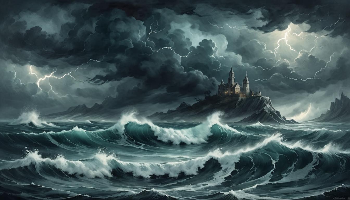  on parchment, surrealism+++, Dark, stormy skies over a vast ocean, menacing waves, flashes of lightning, an ominous, divine presence felt, sense of impending doom(mysterious, provocative, symbolic,muted color)+++