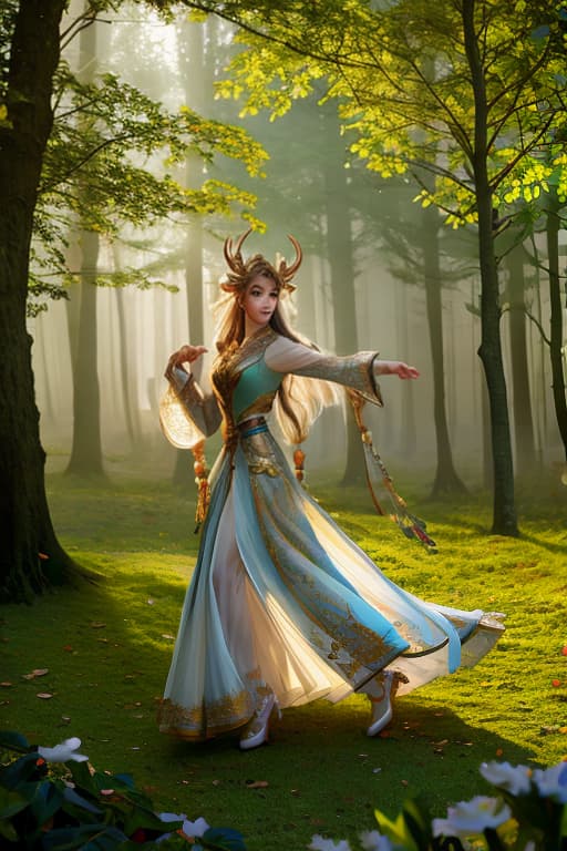  Woodland elves dancing in afternoon light, forest, masterpiece, ultra realistic, best quality image, 8k wallpaper hyperrealistic, full body, detailed clothing, highly detailed, cinematic lighting, stunningly beautiful, intricate, sharp focus, f/1. 8, 85mm, (centered image composition), (professionally color graded), ((bright soft diffused light)), volumetric fog, trending on instagram, trending on tumblr, HDR 4K, 8K