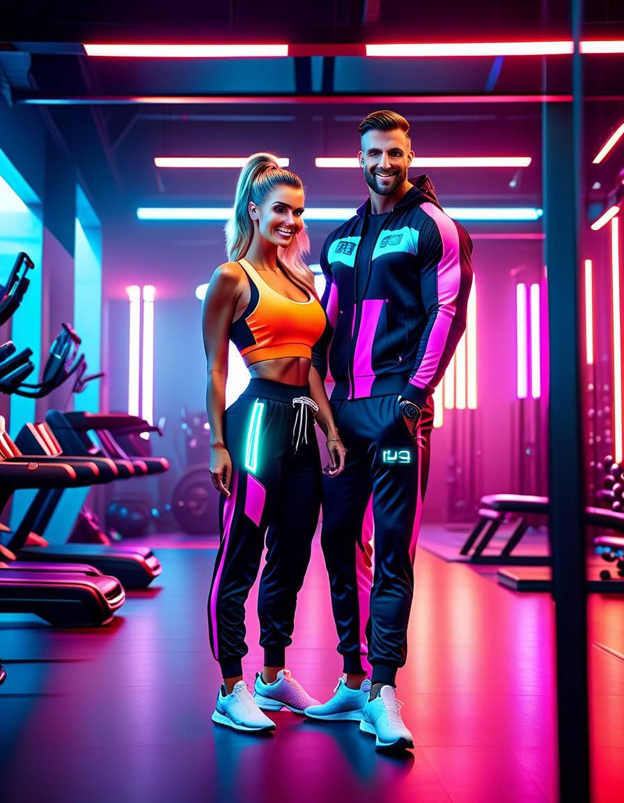  cinematic photo Happy man and happy pretty woman are doing fitness together in the gym. They smiling. They doing sport, playing sport. Beautiful slim athletic figure, tracksuits. Tanned skin. Cyberpunk style, neon multi colored highlights. Vertical neon light . 35mm photograph, film, bokeh, professional, 4k, highly detailed hyperrealistic, full body, detailed clothing, highly detailed, cinematic lighting, stunningly beautiful, intricate, sharp focus, f/1. 8, 85mm, (centered image composition), (professionally color graded), ((bright soft diffused light)), volumetric fog, trending on instagram, trending on tumblr, HDR 4K, 8K