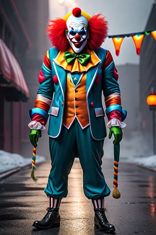  Evil clown, glasses, hyperrealistic, full body, detailed clothing, highly detailed, cinematic lighting, stunningly beautiful, intricate, sharp focus, f/1. 8, 85mm, (centered image composition), (professionally color graded), ((bright soft diffused light)), volumetric fog, trending on instagram, trending on tumblr, HDR 4K, 8K