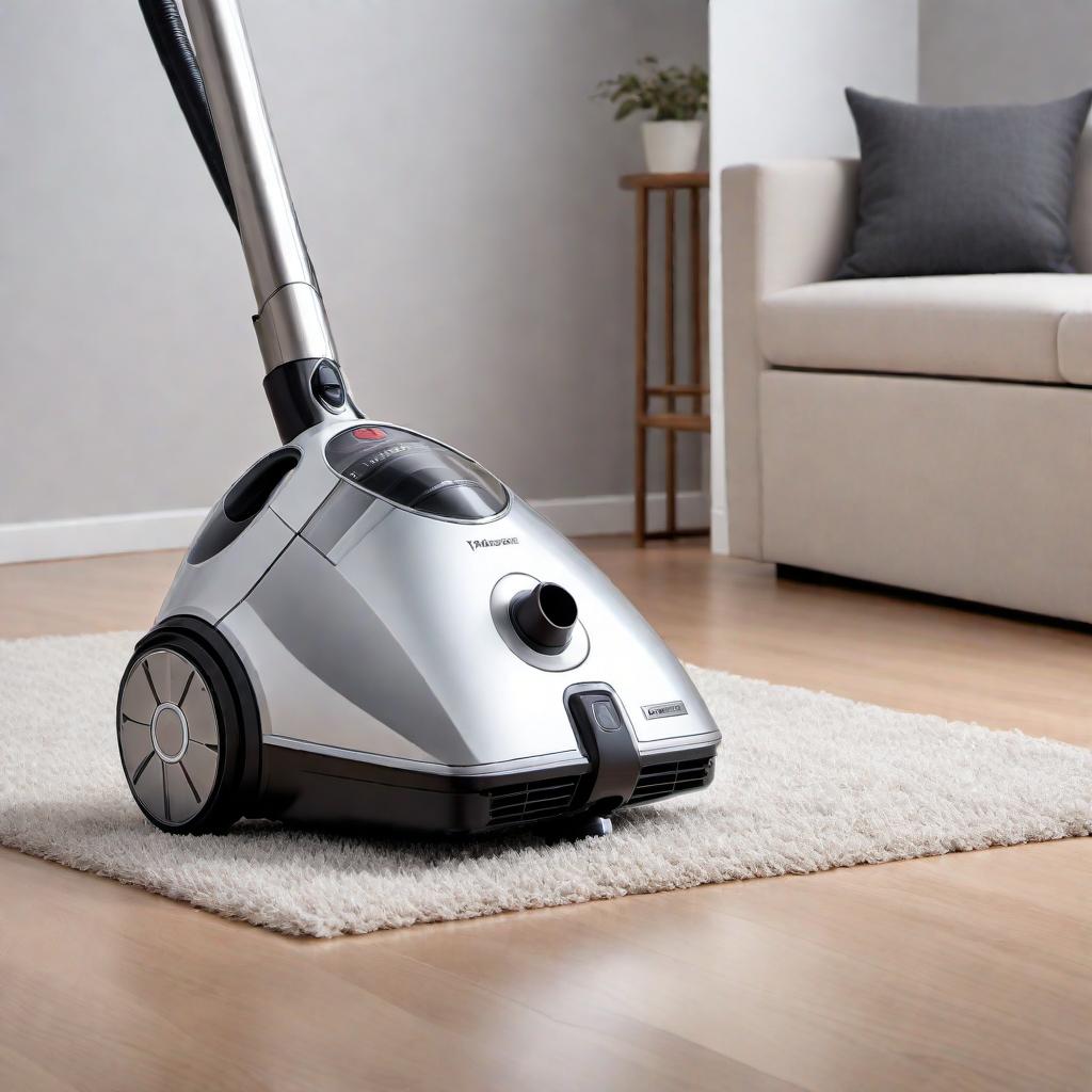  A modern vacuum cleaner with a sleek design. It has a metallic body and a clear dust chamber. The vacuum is upright, with wheels and a handle for easy maneuverability. It should be shown on a clean, polished floor, possibly in a corner of a well-lit room. hyperrealistic, full body, detailed clothing, highly detailed, cinematic lighting, stunningly beautiful, intricate, sharp focus, f/1. 8, 85mm, (centered image composition), (professionally color graded), ((bright soft diffused light)), volumetric fog, trending on instagram, trending on tumblr, HDR 4K, 8K