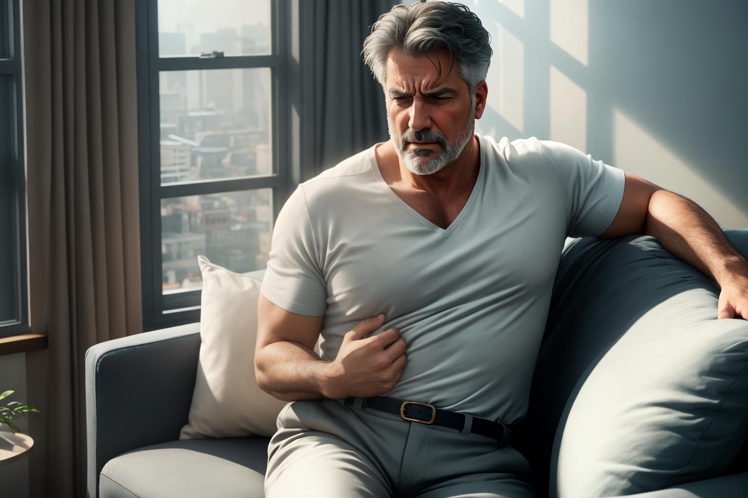  "Realistic image of a middle aged man clutching his chest in pain, sitting on a sofa in a well lit living room. The background shows a cozy, tidy room with a soft focus effect to keep the attention on the man. The man's expression clearly shows discomfort, with one hand on his chest and the other gripping the sofa armrest. The lighting is natural, coming from a window, highlighting the man's face and upper body. The overall mood is serious and urgent, with a realistic and detailed portrayal of the situation. High quality, photorealistic style with a shallow depth of field to emphasize the subject."Ensure no face,leg,hand or eye defomities.Ensure all images are clear, detailed, contains no text and no deformities. realistic, highly detailed, hyperrealistic, full body, detailed clothing, highly detailed, cinematic lighting, stunningly beautiful, intricate, sharp focus, f/1. 8, 85mm, (centered image composition), (professionally color graded), ((bright soft diffused light)), volumetric fog, trending on instagram, trending on tumblr, HDR 4K, 8K