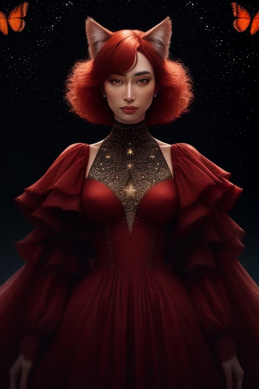  Red cat, butterflies, stars, night hyperrealistic, full body, detailed clothing, highly detailed, cinematic lighting, stunningly beautiful, intricate, sharp focus, f/1. 8, 85mm, (centered image composition), (professionally color graded), ((bright soft diffused light)), volumetric fog, trending on instagram, trending on tumblr, HDR 4K, 8K