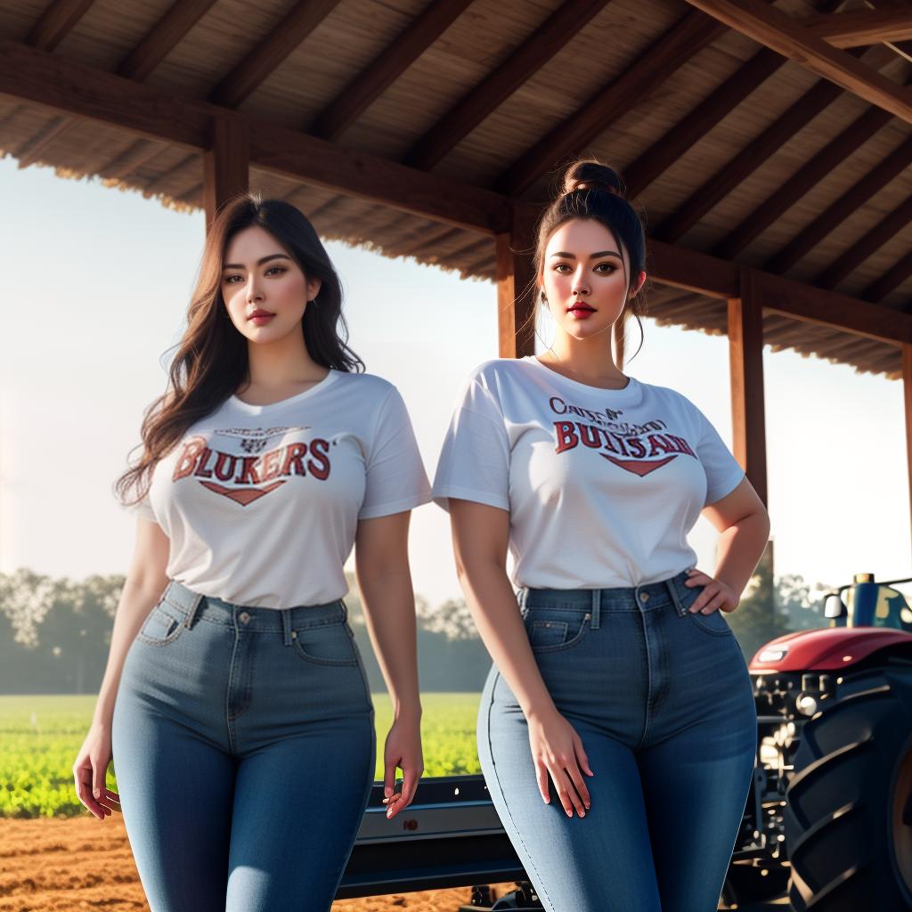  2 Chubby American girls in tshirt and jeans portrait at farm, bulls in Background, Tractor in background, Clean face details hyperrealistic, full body, detailed clothing, highly detailed, cinematic lighting, stunningly beautiful, intricate, sharp focus, f/1. 8, 85mm, (centered image composition), (professionally color graded), ((bright soft diffused light)), volumetric fog, trending on instagram, trending on tumblr, HDR 4K, 8K