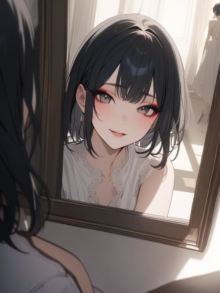  ultra detailed:1.2,masterpiece:1.2,best quality,masterpiece,bestquality,hdr:1.1,8k:1.1,very cute girl:1.3,powder room:1.4,(make up:1.7),(eyeshadow:1.5),(lips:1.4),smile:1.3,mirror:1.3,sitting chair:1.3,(face focus:1.4),(face close up:1.3),from front :1.3,cowboy shot:1.3,open mouth,forehead :1.3,black hair, masterpiece, best quality,8k,ultra detailed,high resolution,an extremely delicate and beautiful,hyper detail