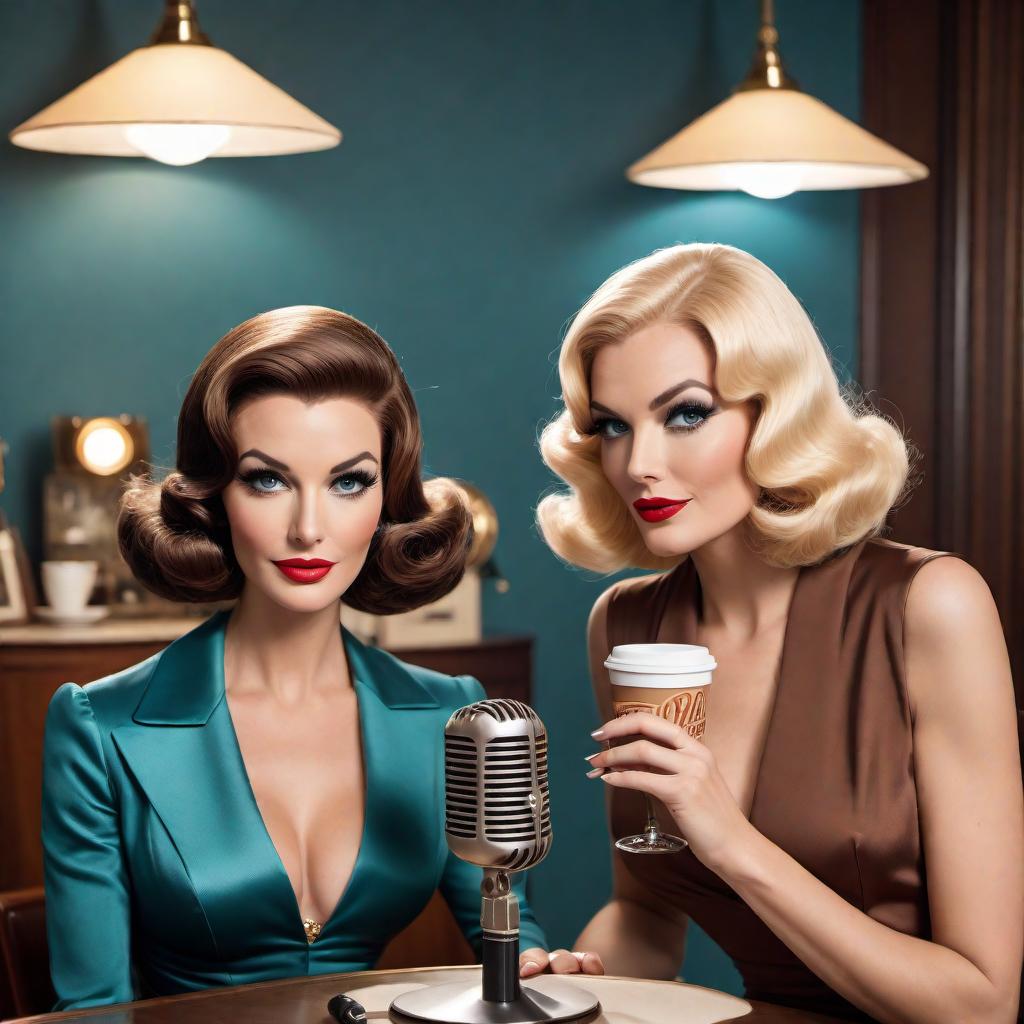  A glamorous vintage 60s cartoon-style podcast cover featuring two women in a beautiful, glamorous room. They are sitting at a table with a microphone and one or two espresso cups. One woman has blonde hair and blue eyes, with a chic bob hairstyle and wearing a stylish dress. The other woman has brown hair and brown eyes with distinct facial features and long wavy hair, wearing a retro outfit. The background includes elements of a glamorous room from the 60s, with elegant decor, luxurious furniture, and a warm, inviting atmosphere. The women are having fun, laughing, and talking. Ensure the microphone is included on the table for the podcast setup. The overall style is bright, colorful, and nostalgic with a 60s cartoon drawing aesthetic. hyperrealistic, full body, detailed clothing, highly detailed, cinematic lighting, stunningly beautiful, intricate, sharp focus, f/1. 8, 85mm, (centered image composition), (professionally color graded), ((bright soft diffused light)), volumetric fog, trending on instagram, trending on tumblr, HDR 4K, 8K