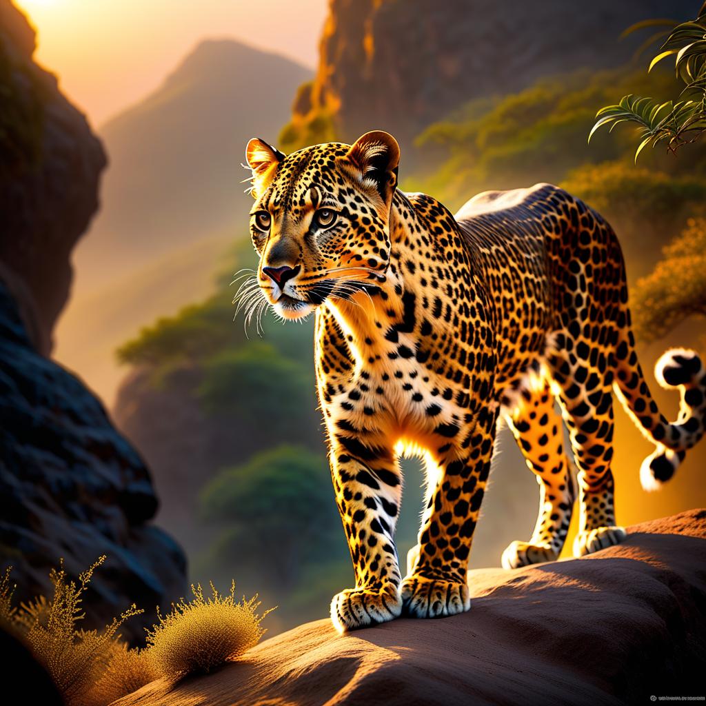  ethereal fantasy concept art of The Arabian leopard can still be found in the depths of the Dhofar Mountains. An endangered but not yet completely extinct species. The huge cat slipped silently past. It wasn't alone. A second leopard showed up, moving faster, younger, more excited. Then a third. A male huge paws that flattened with each step, yellowish claws. The female was climbing a rocky slope, following a path known to her alone. She had mocha coffee coloured skin and straight, shiny black hair down to her waist. The woman walked surrounded by leopards, climbing higher and higher and heading for the tomb at the top. Her silhouette seemed to shake like a mirage above the sun hot sand. . magnificent, celestial, ethereal, painterly, epi hyperrealistic, full body, detailed clothing, highly detailed, cinematic lighting, stunningly beautiful, intricate, sharp focus, f/1. 8, 85mm, (centered image composition), (professionally color graded), ((bright soft diffused light)), volumetric fog, trending on instagram, trending on tumblr, HDR 4K, 8K