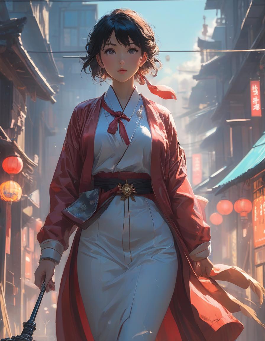  (), art by atey ghailan, painterly anime style at pixiv, art by kantoku, in art style of redjuice/necömi/rella/tiv pixiv collab, your name anime art style, masterpiece digital painting, exquisite lighting and composition, inspired by wlop art style, 8k, sharp, very detailed, high resolution, illustration hyperrealistic, full body, detailed clothing, highly detailed, cinematic lighting, stunningly beautiful, intricate, sharp focus, f/1. 8, 85mm, (centered image composition), (professionally color graded), ((bright soft diffused light)), volumetric fog, trending on instagram, trending on tumblr, HDR 4K, 8K