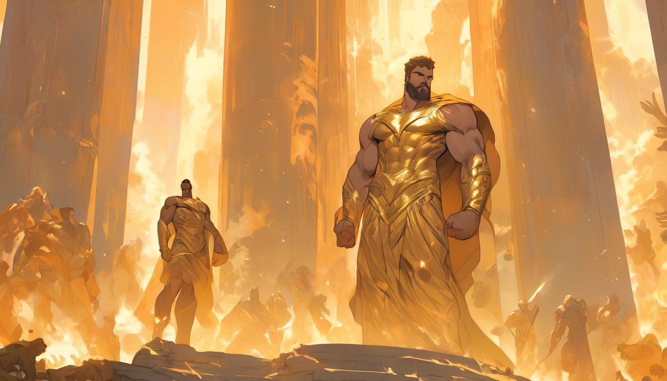  hyperrealism,fantasy aestheticHercules, welcomed by Zeus on Mount Olympus, divine realm with majestic pillars, golden light, celestial and divine, immortal haven, high tech clothing clad in sleek, futuristic costume with metallic accents and form fitting designs, marvel superhero comics style, unreal engine rendering