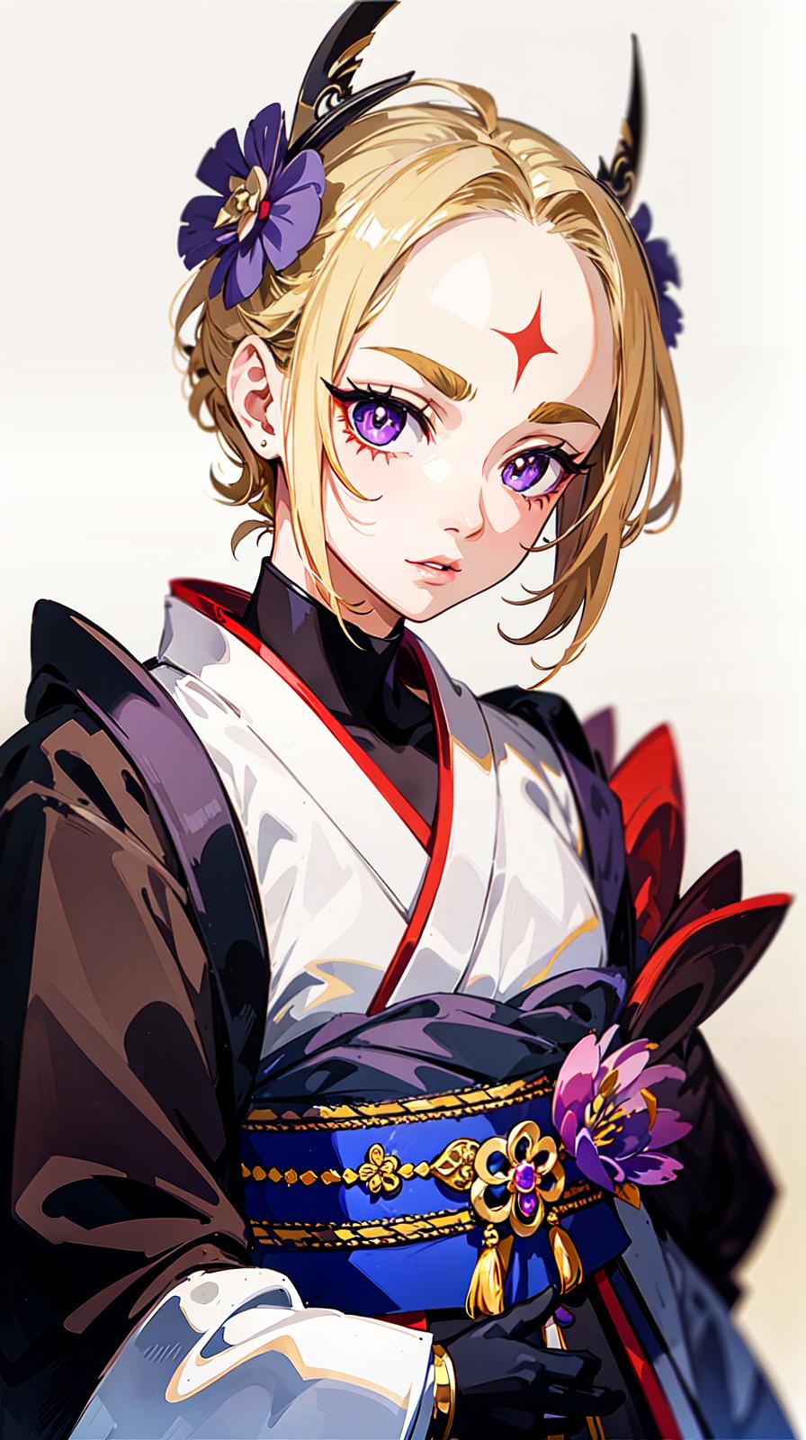  master piece , best quality,Short blonde hair with a long collar and long sideburns, upswept eyebrows, three white eyes with purple pupils and a red mark on the forehead, lips neither too thick nor too thin, slim build, beautiful young man in a kimono.