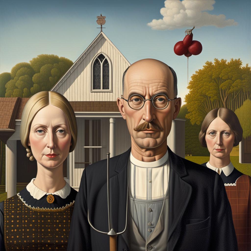  Create a fun and lighthearted version of the famous painting 'American Gothic' by Grant Wood, but with the user and their boyfriend's faces replacing the farmer and his wife's faces. The user and their boyfriend should have a mischievous and fun expression, adding a photobombing element to the scene. hyperrealistic, full body, detailed clothing, highly detailed, cinematic lighting, stunningly beautiful, intricate, sharp focus, f/1. 8, 85mm, (centered image composition), (professionally color graded), ((bright soft diffused light)), volumetric fog, trending on instagram, trending on tumblr, HDR 4K, 8K