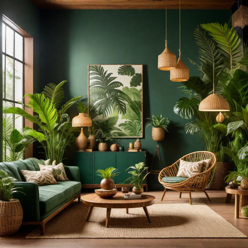  Multiple jungle-themed living rooms with a cozy and natural feel. Features deep green walls with tropical leaf patterns and wooden paneling. Natural, earthy furniture pieces made of rattan and wicker. Rooms are filled with numerous indoor plants like ferns, palms, and hanging plants. Decor includes cushions with animal prints, large jute rugs, shelves with books and jungle-themed artwork. Warm, soft lighting from floor lamps and string lights enhances the ambiance. Different styles and angles showcasing various interpretations of a jungle-themed living room. hyperrealistic, full body, detailed clothing, highly detailed, cinematic lighting, stunningly beautiful, intricate, sharp focus, f/1. 8, 85mm, (centered image composition), (professionally color graded), ((bright soft diffused light)), volumetric fog, trending on instagram, trending on tumblr, HDR 4K, 8K