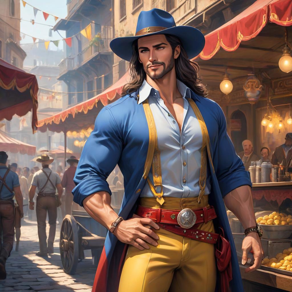  The Italian has a bright charisma and a sly smile. His image combines the features of a cowboy and a circus performer. Long hair of blue color, yellow eyes, lean build with well developed muscles. He wears a blue top and red palazzo pants, his clothes contain many details such as clasps, buckles, etc. hyperrealistic, full body, detailed clothing, highly detailed, cinematic lighting, stunningly beautiful, intricate, sharp focus, f/1. 8, 85mm, (centered image composition), (professionally color graded), ((bright soft diffused light)), volumetric fog, trending on instagram, trending on tumblr, HDR 4K, 8K