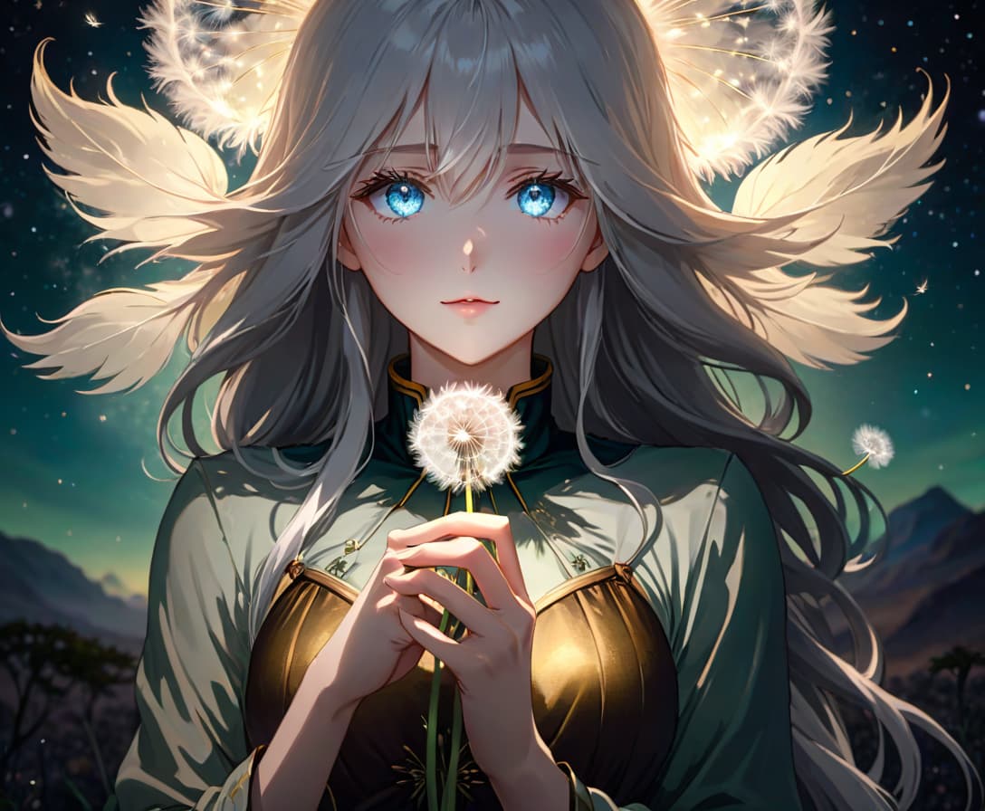  anime artwork A beautiful girl with ice blue eyes and long white hair holds a dandelion in her hands against the backdrop of the milky way. . anime style, key visual, vibrant, studio anime, highly detailed hyperrealistic, full body, detailed clothing, highly detailed, cinematic lighting, stunningly beautiful, intricate, sharp focus, f/1. 8, 85mm, (centered image composition), (professionally color graded), ((bright soft diffused light)), volumetric fog, trending on instagram, trending on tumblr, HDR 4K, 8K