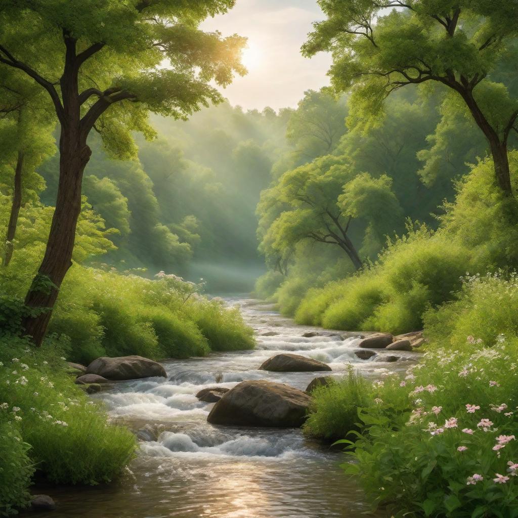  A soothing and healing green nature scene. A peaceful landscape featuring lush green trees, gentle rolling hills, and a serene river flowing through. The sky is clear with soft sunlight filtering through the leaves, casting a warm, comforting glow. There are colorful wildflowers scattered around, and a few birds can be seen flying or perched on tree branches, adding to the tranquil ambiance. The overall mood of the image is calming and rejuvenating. hyperrealistic, full body, detailed clothing, highly detailed, cinematic lighting, stunningly beautiful, intricate, sharp focus, f/1. 8, 85mm, (centered image composition), (professionally color graded), ((bright soft diffused light)), volumetric fog, trending on instagram, trending on tumblr, HDR 4K, 8K