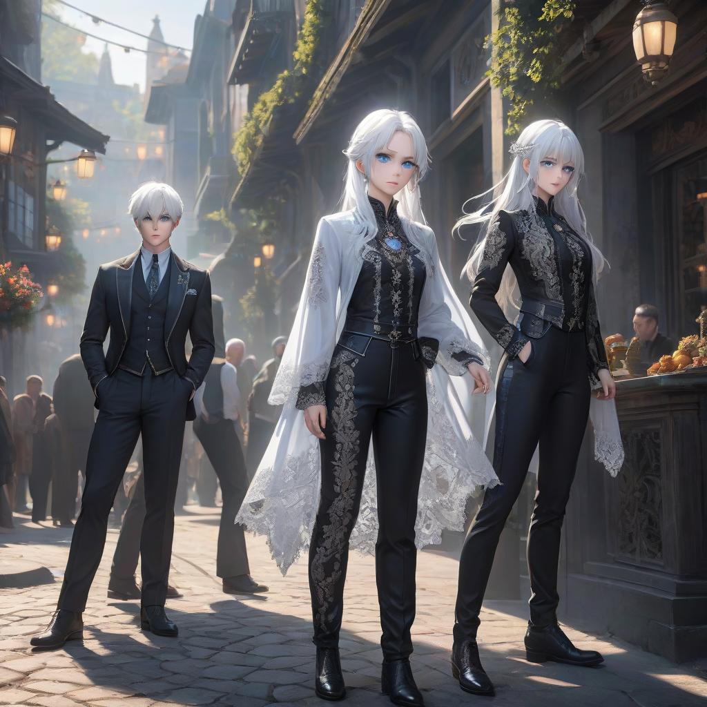  A has white hair, blue eyes, a white lace , a medallion, black pants. Nearby, a boy has white hair, blue eyes, a white lace , a medallion, black pants. hyperrealistic, full body, detailed clothing, highly detailed, cinematic lighting, stunningly beautiful, intricate, sharp focus, f/1. 8, 85mm, (centered image composition), (professionally color graded), ((bright soft diffused light)), volumetric fog, trending on instagram, trending on tumblr, HDR 4K, 8K