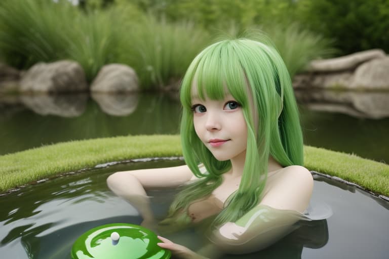  Portrait of my waifu cute innocent green slimy alien, whimsical pond