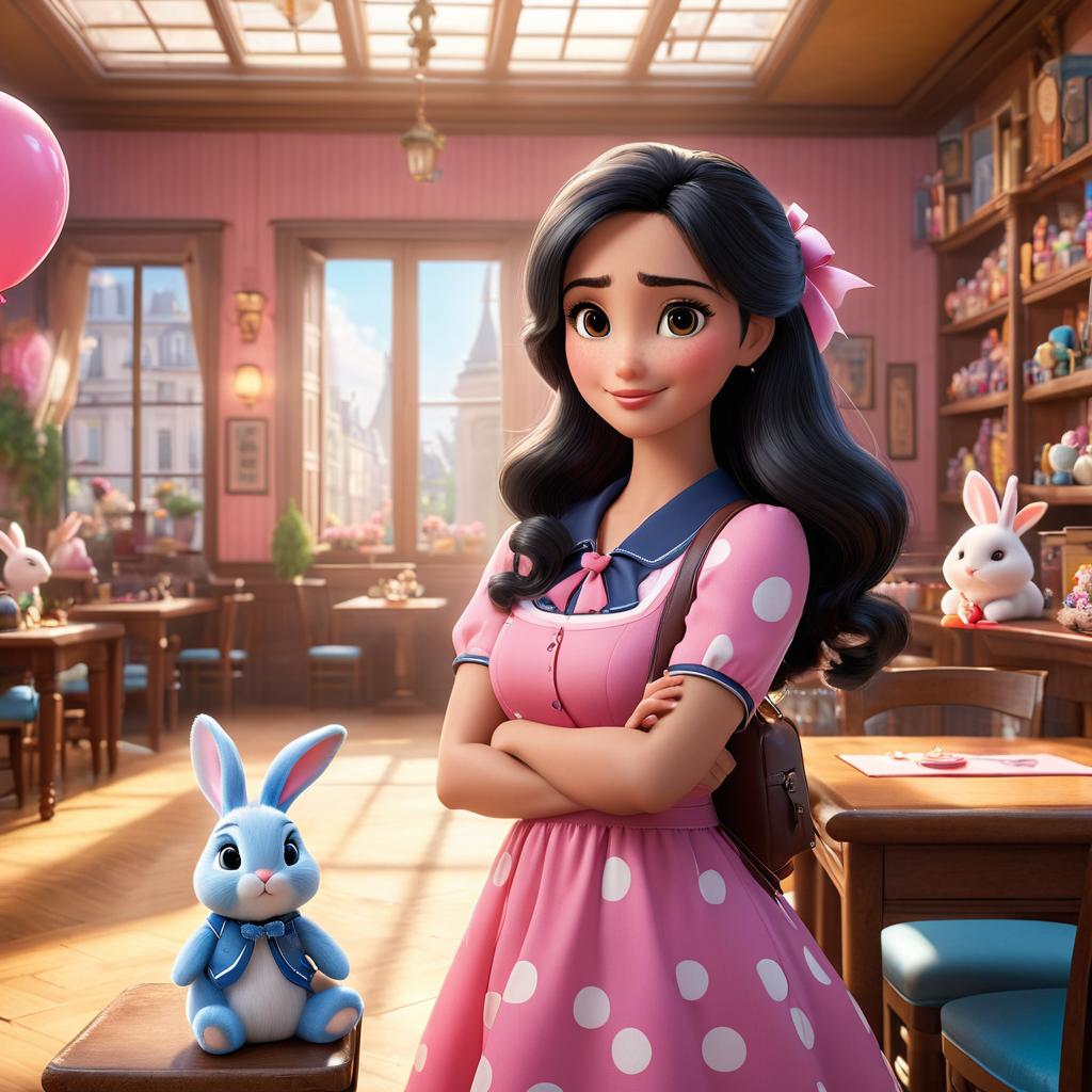  [Subject Description]: Paris, a bright young with long black hair tied in two ids with pink ribbons, wearing a cute pink dress with white polka dots and a small blue backpack with bunny prints, clasping her bunny stuffed animal tightly, looking anxious. [Environment Description]: In a clroom at Fluffy Clouds pre , with colorful decorations, small tables, and chairs around, evoking a warm and friendly atmosphere. [Art Style]: High resolution, Pixar 3D animated film style with detailed rendering. [Color and Light]: Bright, soft lights with a warm feel, emphasizing the cheerful yet slightly overwhelming clroom environment. [Camera Angle and Composition]: Medium shot focusing on Paris’s face and upper body, capturing her a hyperrealistic, full body, detailed clothing, highly detailed, cinematic lighting, stunningly beautiful, intricate, sharp focus, f/1. 8, 85mm, (centered image composition), (professionally color graded), ((bright soft diffused light)), volumetric fog, trending on instagram, trending on tumblr, HDR 4K, 8K