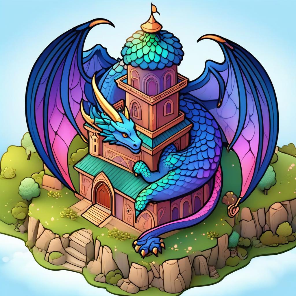  ethereal fantasy concept art of (Background): Blue sky. In the sky there is a green island. A castle with a scaly roof rises in the centre of the island. A large dragon is curled around the castle. He is its caring guardian. Foreground. (Dragon):Appearance: a peacefully slumbering dragon, hugging the castle with its wings. (Colour of scales and wings):blue, smoothly passing to pink violet wings with golden scales on the end. . magnificent, celestial, ethereal, painterly, epic, majestic, magical, fantasy art, cover art, dreamy hyperrealistic, full body, detailed clothing, highly detailed, cinematic lighting, stunningly beautiful, intricate, sharp focus, f/1. 8, 85mm, (centered image composition), (professionally color graded), ((bright soft diffused light)), volumetric fog, trending on instagram, trending on tumblr, HDR 4K, 8K