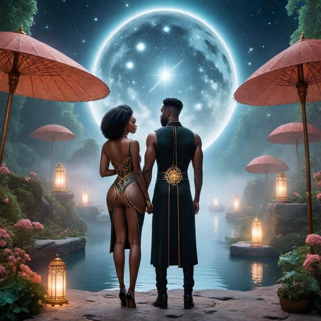  a black couple in a fantasy setting inspired by the Gemini zodiac, in a lofi art style. The scene should include hints of the Gemini symbol, stars, and celestial elements integrated into the scene. hyperrealistic, full body, detailed clothing, highly detailed, cinematic lighting, stunningly beautiful, intricate, sharp focus, f/1. 8, 85mm, (centered image composition), (professionally color graded), ((bright soft diffused light)), volumetric fog, trending on instagram, trending on tumblr, HDR 4K, 8K