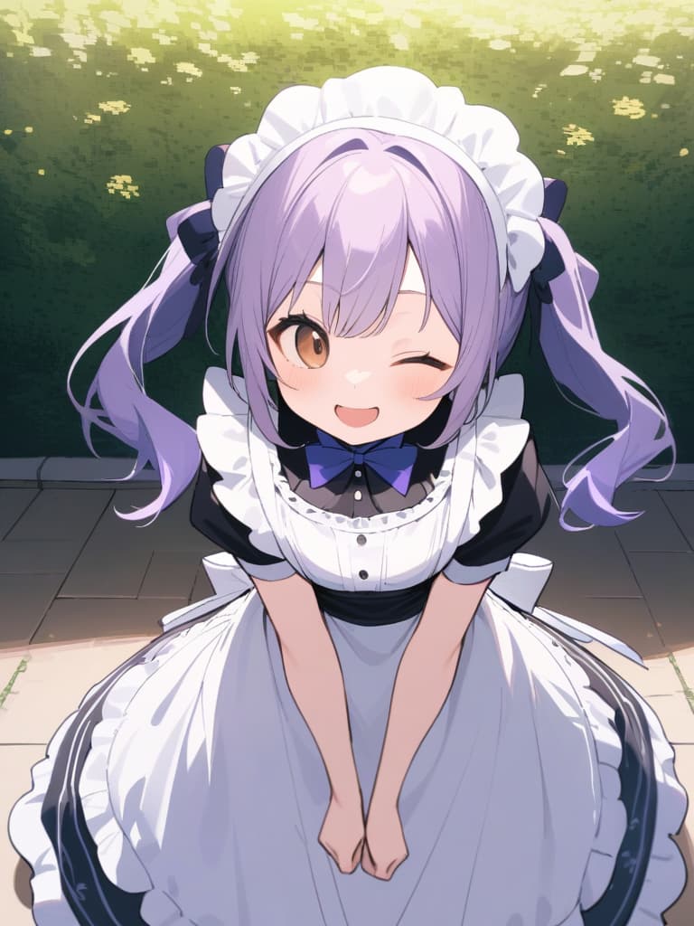  magnificent view,{{{ make heart symbol with fingers,make heart symbol with index fingers and middle fingers}}},{{maid ,solo,}},[[leaning forward]],{purple hair,twintails,short hair},{{brown eyes,one eye closed,surprised,smile}},{maid clothes,pink clothes,blue big ribbon on clothes,mini ,small s,frill },{{character focus,cowboy shot}},ilration,lawn square garden,outside mansion,,best quality,amazing quality,very aesthetic,absurdres, masterpiece, best quality,8k,ultra detailed,high resolution,an extremely delicate and beautiful,hyper detail