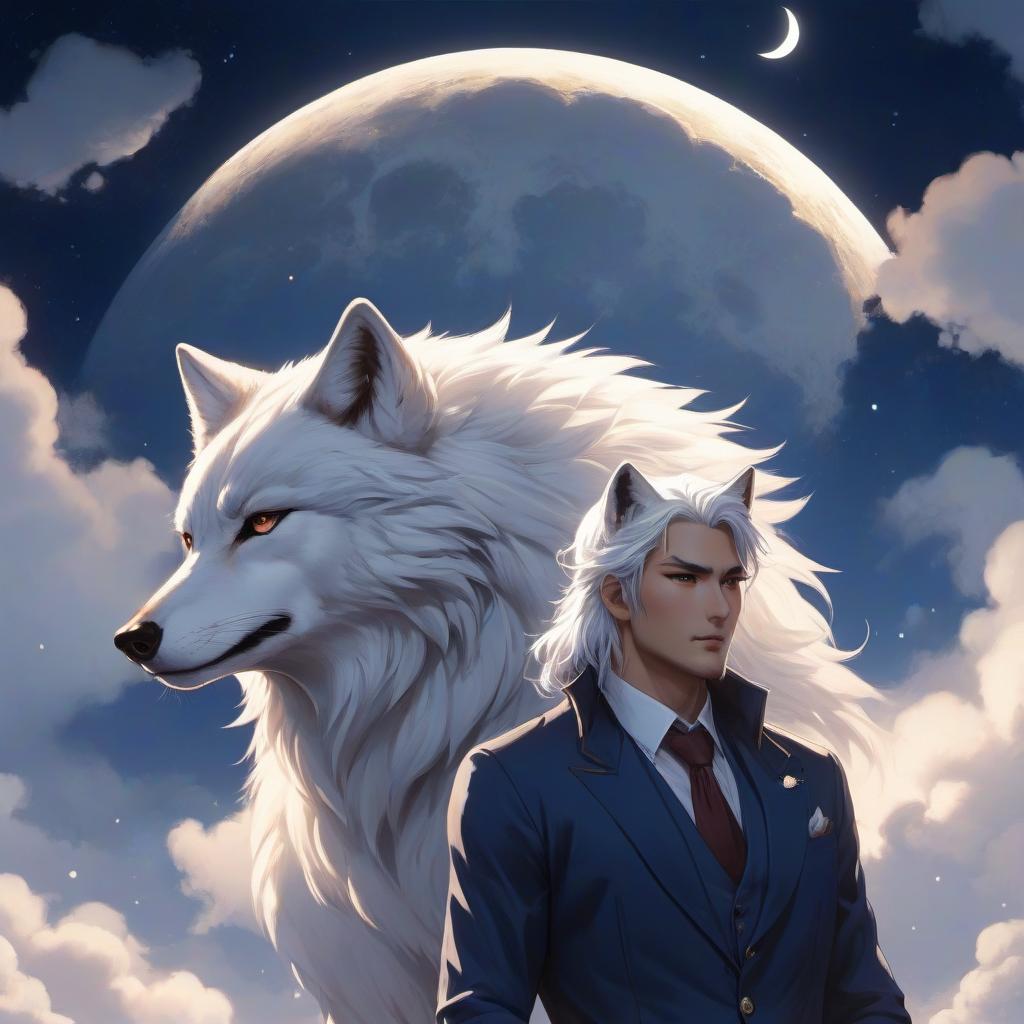  anime artwork The painting depicts a wolf with a serene demeanor, white fur and brown eyes. Next to him is a man with Russian features and with white hair and snow white skin with deep brown eyes in a dark blue suit. The stage is flooded with the soft glow of a crescent moon, which casts a warm light on the night sky, creating a charming, naturalistic picture. Both characters have their backs to each other. . anime style, key visual, vibrant, studio anime, highly detailed hyperrealistic, full body, detailed clothing, highly detailed, cinematic lighting, stunningly beautiful, intricate, sharp focus, f/1. 8, 85mm, (centered image composition), (professionally color graded), ((bright soft diffused light)), volumetric fog, trending on instagram, trending on tumblr, HDR 4K, 8K