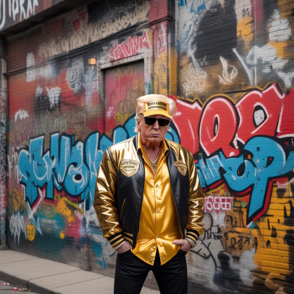  Donald Trump dressed as a stereotypical gang member. He is wearing bandana, gold chains, and a flashy jacket, with a tough expression on his face. The background includes urban street graffiti and a gritty, city environment. Make it look humorous and exaggerated. hyperrealistic, full body, detailed clothing, highly detailed, cinematic lighting, stunningly beautiful, intricate, sharp focus, f/1. 8, 85mm, (centered image composition), (professionally color graded), ((bright soft diffused light)), volumetric fog, trending on instagram, trending on tumblr, HDR 4K, 8K