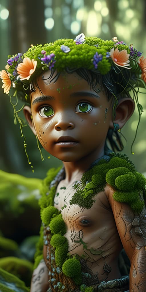  best quality, HD, A cute child portrait of an earth elemental human, earthy brown skin with moss and flowers growing from it, deep green eyes, surrounded by a lush forest, with studio lighting enhancing the earthy details, cinematic background, hyper detailed, beautifully color graded, 8k photorealistic, global illumination, volumetric lighting.