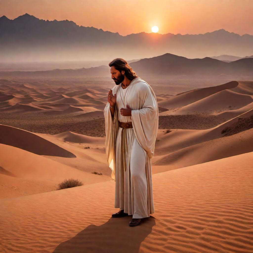  Satan whispering into Jesus' ear, tempting him in a hot desert. The scene should depict a harsh, arid landscape with a blazing sun overhead. Jesus should appear calm and composed, while Satan looks cunning and sinister. Jesus should be wearing flowing robes, and Satan should look menacing with dark, shadowy features. hyperrealistic, full body, detailed clothing, highly detailed, cinematic lighting, stunningly beautiful, intricate, sharp focus, f/1. 8, 85mm, (centered image composition), (professionally color graded), ((bright soft diffused light)), volumetric fog, trending on instagram, trending on tumblr, HDR 4K, 8K