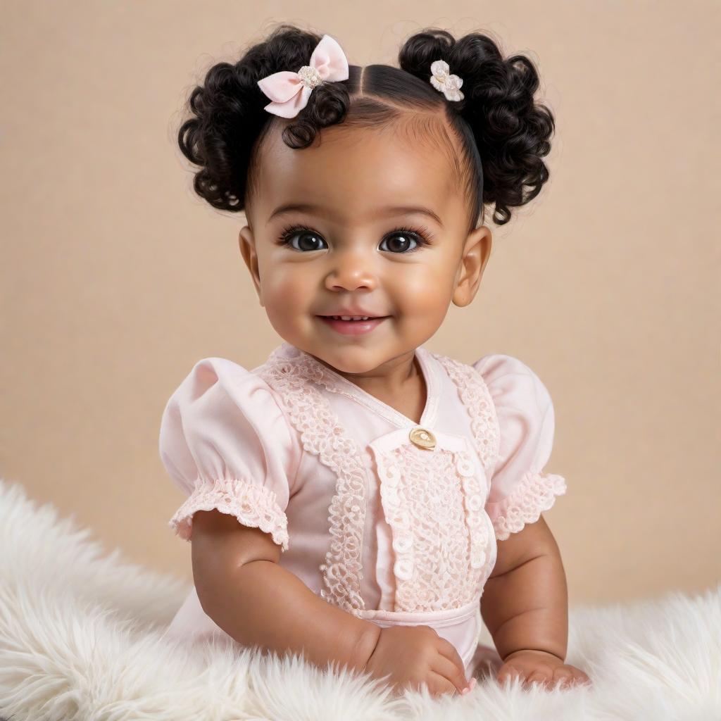  8-month-old baby girl with very curly black hair in 2 ponytails, light medium skin tone (African American and Mexican descent), 22 pounds, and 30 inches tall. She has small eyes, a skinny nose, and a beautiful smile. hyperrealistic, full body, detailed clothing, highly detailed, cinematic lighting, stunningly beautiful, intricate, sharp focus, f/1. 8, 85mm, (centered image composition), (professionally color graded), ((bright soft diffused light)), volumetric fog, trending on instagram, trending on tumblr, HDR 4K, 8K