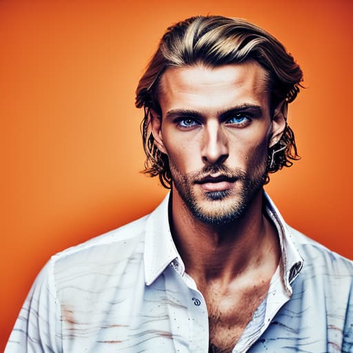 portrait+ style Russian queer supermodel blonde hunk dilf dude face