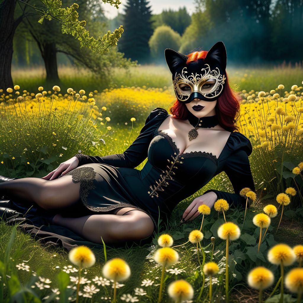  gothic style A person, a grown up girl in a stuffed cat mask, lies on the meadow with dandelions. . dark, mysterious, haunting, dramatic, ornate, detailed hyperrealistic, full body, detailed clothing, highly detailed, cinematic lighting, stunningly beautiful, intricate, sharp focus, f/1. 8, 85mm, (centered image composition), (professionally color graded), ((bright soft diffused light)), volumetric fog, trending on instagram, trending on tumblr, HDR 4K, 8K