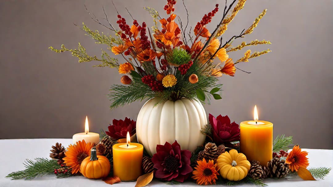  Generate an image of a wedding table centerpiece designed for an autumn wedding. The centerpiece should include wood slice centerpieces decorated with seasonal flowers in warm autumn hues like deep oranges, rich reds, and golden yellows. Incorporate small white pumpkins, miniature pine cones, and tea light candles for a cozy atmosphere. Set the arrangement on a white tablecloth to enhance the vibrant colors of the floral decor, suitable for a rustic wedding or an elegant event. hyperrealistic, full body, detailed clothing, highly detailed, cinematic lighting, stunningly beautiful, intricate, sharp focus, f/1. 8, 85mm, (centered image composition), (professionally color graded), ((bright soft diffused light)), volumetric fog, trending on instagram, trending on tumblr, HDR 4K, 8K