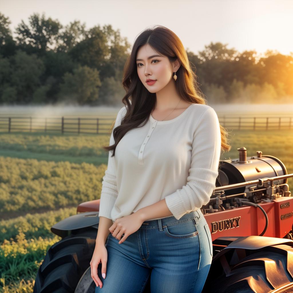  Chubby American girl in Cowboy jeans portrait at farm, bulls in Background, Tractor in background, Clean face details hyperrealistic, full body, detailed clothing, highly detailed, cinematic lighting, stunningly beautiful, intricate, sharp focus, f/1. 8, 85mm, (centered image composition), (professionally color graded), ((bright soft diffused light)), volumetric fog, trending on instagram, trending on tumblr, HDR 4K, 8K