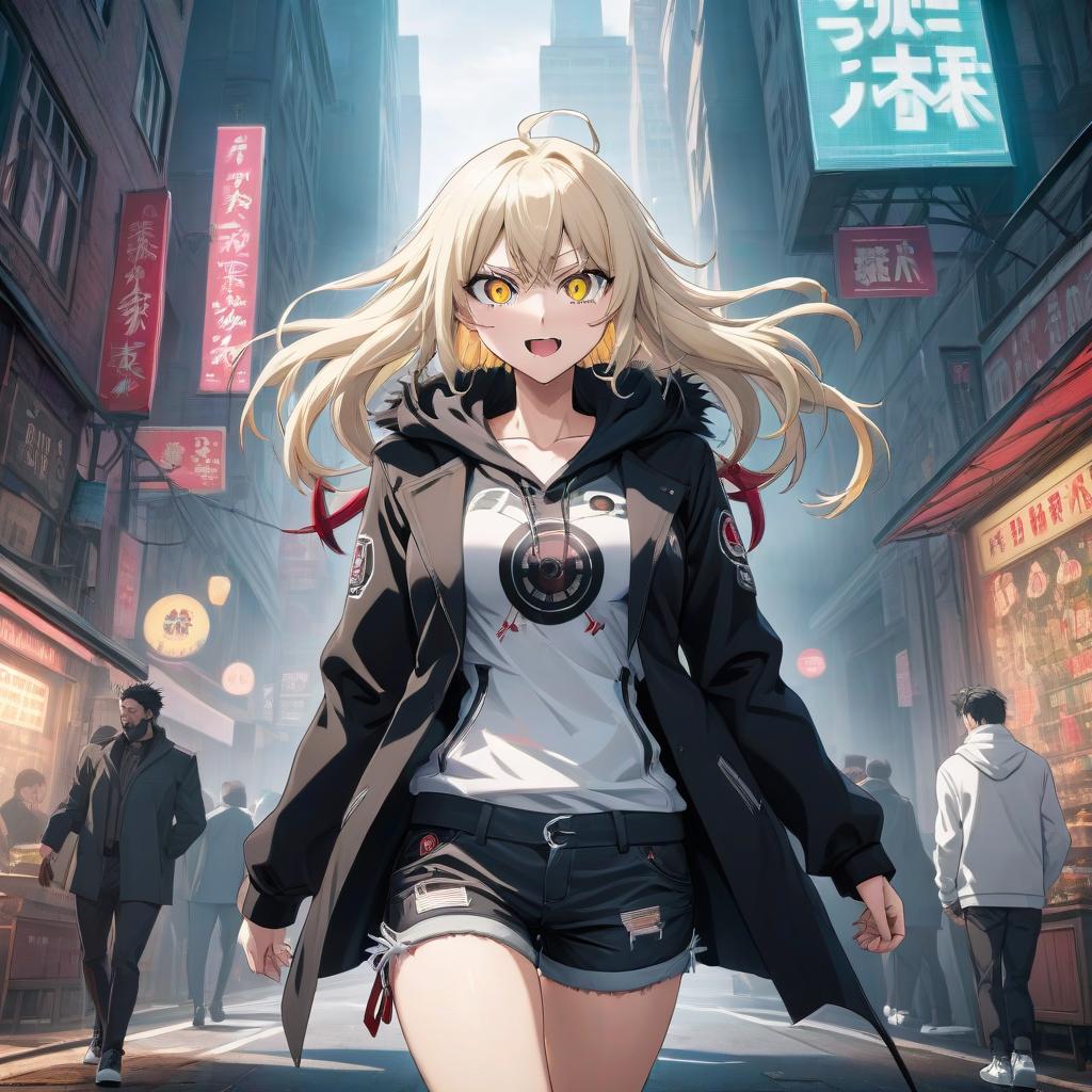  anime artwork "A crazy , a maniac, infected with a virus that changes the body and organ structure, runs after the observer with a smug grin, a pitchfork in her hand, spikes protruding from her back, a black coat, shorts, white sneakers, light hair, and one eye ." . anime style, key visual, vint, studio anime, highly detailed hyperrealistic, full body, detailed clothing, highly detailed, cinematic lighting, stunningly beautiful, intricate, sharp focus, f/1. 8, 85mm, (centered image composition), (professionally color graded), ((bright soft diffused light)), volumetric fog, trending on instagram, trending on tumblr, HDR 4K, 8K