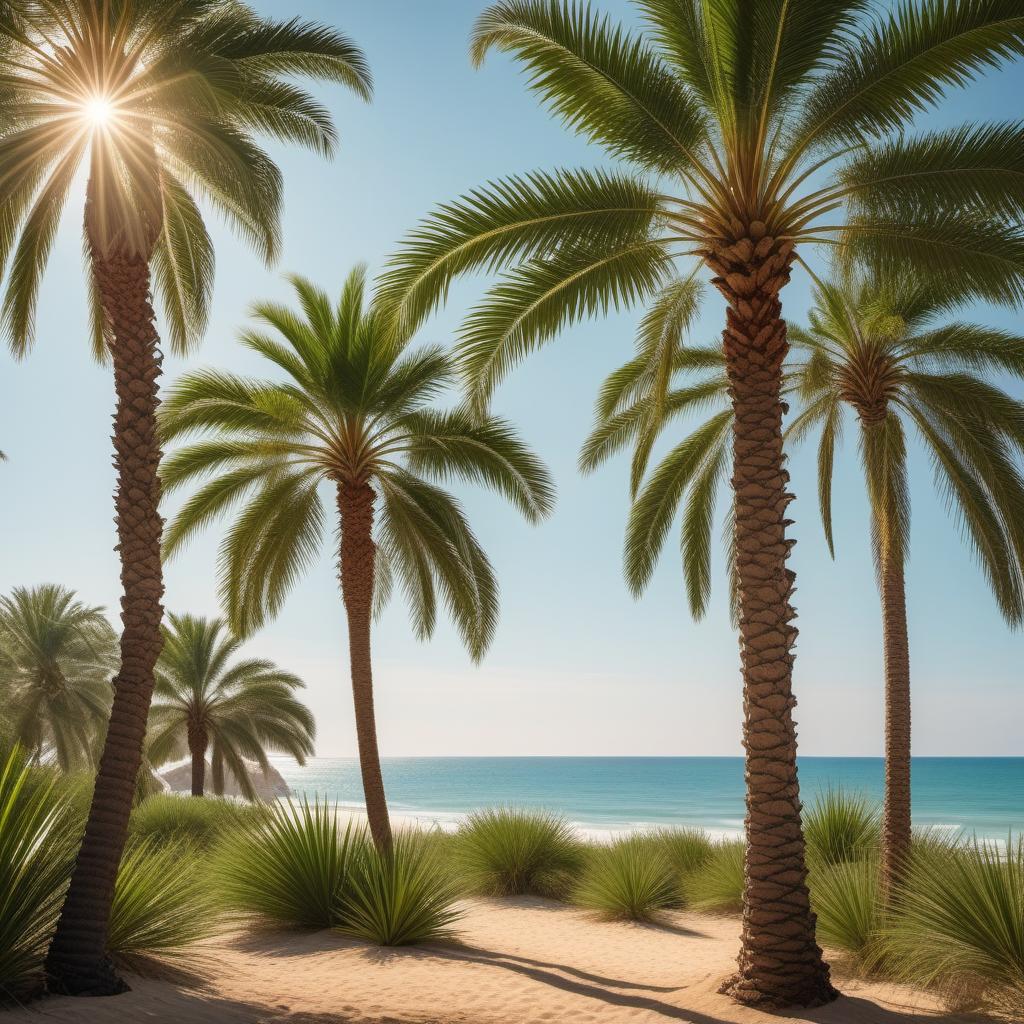  A realistic and detailed image of a Florida palm tree, with clear skies and sunny weather in the background. The tree should have a tall, slender trunk with a crown of long, green fronds. The background can include subtle elements of the Florida landscape, such as sandy soil, other vegetation, or distant water. hyperrealistic, full body, detailed clothing, highly detailed, cinematic lighting, stunningly beautiful, intricate, sharp focus, f/1. 8, 85mm, (centered image composition), (professionally color graded), ((bright soft diffused light)), volumetric fog, trending on instagram, trending on tumblr, HDR 4K, 8K