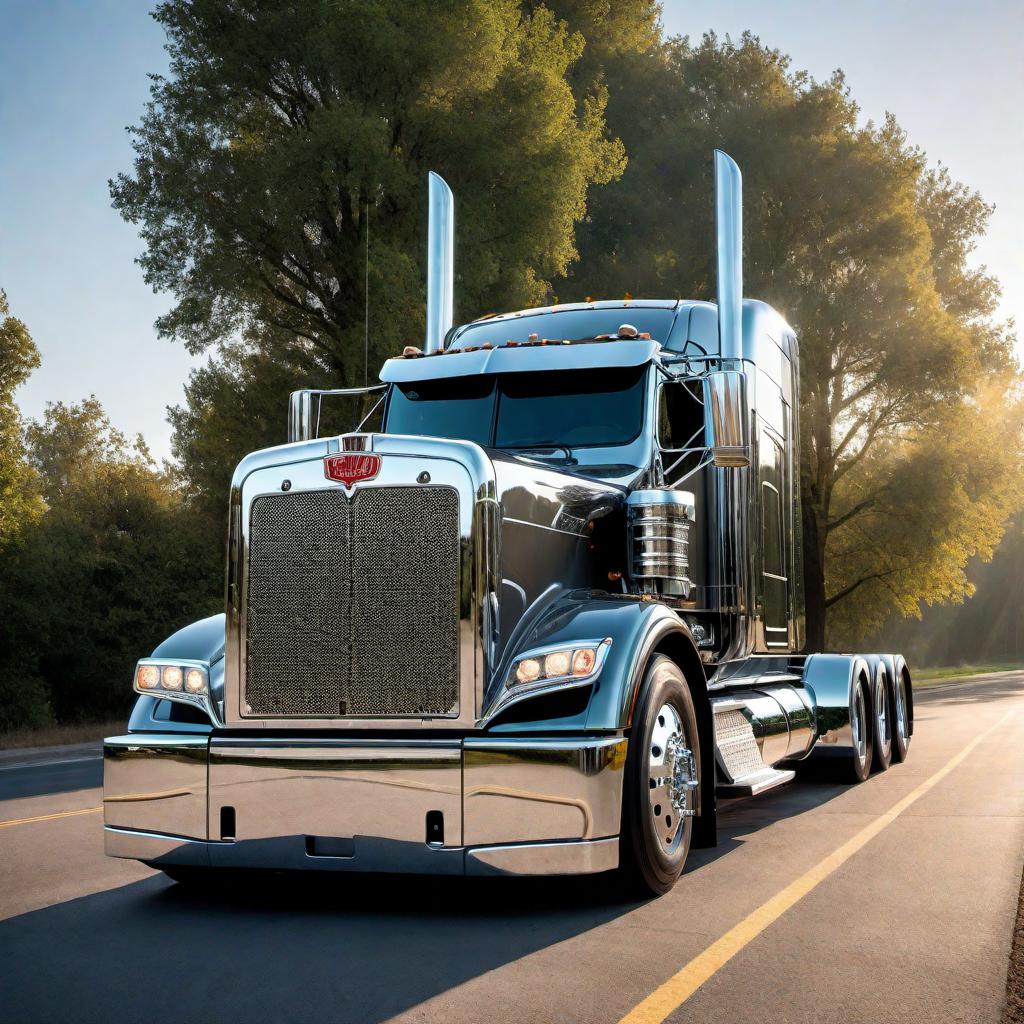  A chromed out Peterbilt truck, shining brightly with reflective surfaces, highlighting its intricate details and powerful design. The truck should look majestic, standing out with its polished chrome finish. hyperrealistic, full body, detailed clothing, highly detailed, cinematic lighting, stunningly beautiful, intricate, sharp focus, f/1. 8, 85mm, (centered image composition), (professionally color graded), ((bright soft diffused light)), volumetric fog, trending on instagram, trending on tumblr, HDR 4K, 8K