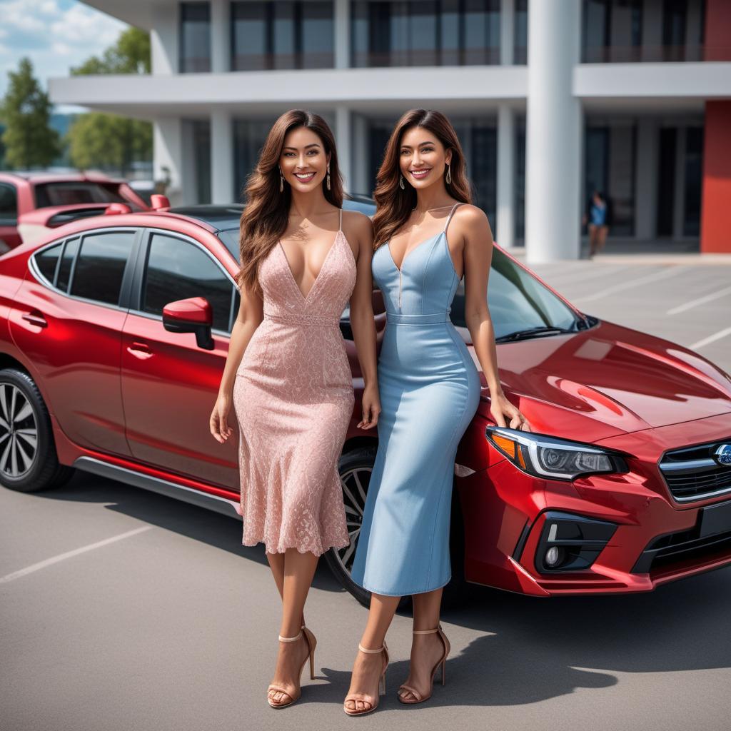  A red Subaru car parked in an outdoor parking lot with a clear blue sky and some clouds. Next to the car, there are two beautiful women standing. One woman is standing on the driver's side, wearing a stylish summer dress and sandals, with long flowing hair. The other woman is on the passenger side, dressed in trendy casual wear, including jeans and a chic top. Both women are smiling and looking at the camera. hyperrealistic, full body, detailed clothing, highly detailed, cinematic lighting, stunningly beautiful, intricate, sharp focus, f/1. 8, 85mm, (centered image composition), (professionally color graded), ((bright soft diffused light)), volumetric fog, trending on instagram, trending on tumblr, HDR 4K, 8K