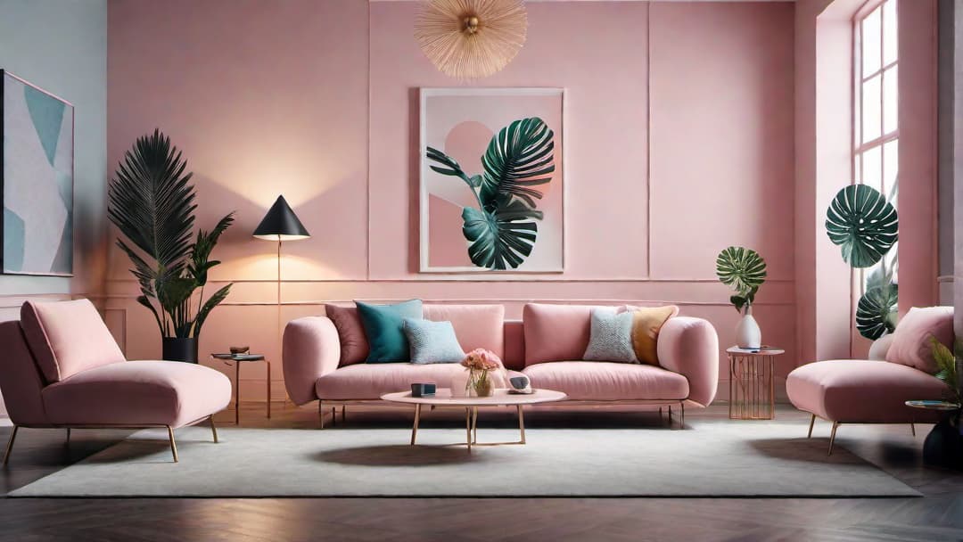  Create an image of an 80s retro inspired living room with pastel pink walls and neon geometric patterns. Include sleek and modern furniture with chrome accents and neon lighting. Incorporate large graphic artworks and abstract sculptures to enhance the retro aesthetic. The atmosphere should evoke a sense of nostalgia and whimsy, blending vintage flair with contemporary design. **The image must be related to home interior design**. hyperrealistic, full body, detailed clothing, highly detailed, cinematic lighting, stunningly beautiful, intricate, sharp focus, f/1. 8, 85mm, (centered image composition), (professionally color graded), ((bright soft diffused light)), volumetric fog, trending on instagram, trending on tumblr, HDR 4K, 8K