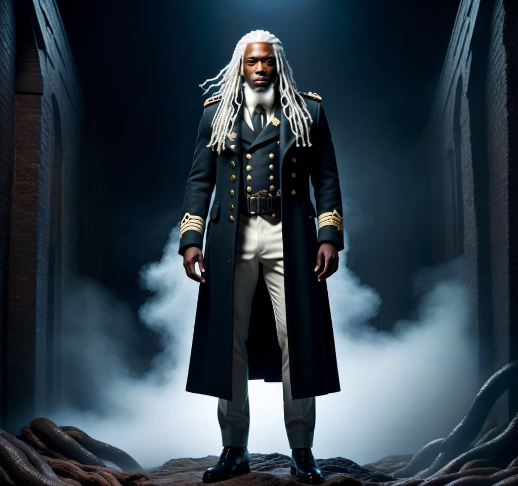  lovecraftian horror A black man, a soldier, in a coat, with a semi loose beard, long white hair, standing upright, well built body, height 2 meters, . eldritch, cosmic horror, unknown, mysterious, surreal, highly detailed hyperrealistic, full body, detailed clothing, highly detailed, cinematic lighting, stunningly beautiful, intricate, sharp focus, f/1. 8, 85mm, (centered image composition), (professionally color graded), ((bright soft diffused light)), volumetric fog, trending on instagram, trending on tumblr, HDR 4K, 8K