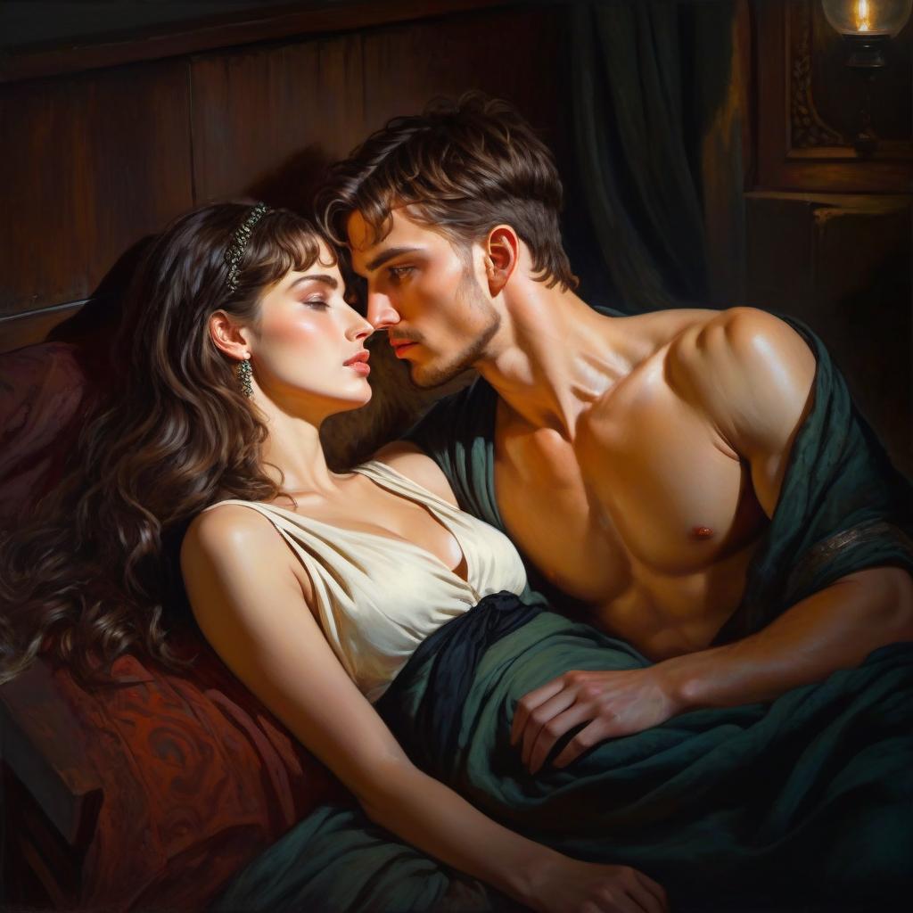  oil painting in the style of Alma Tadema, in dark colors, a guy of 20 year and a pretty of eigh year, a Slavic , Slavic face, hair, loose hair, first , semi darkness, dim light, (dark gamma:1.2), dark, mysterious, haunting, dramatic, ornate, detailed hyperrealistic, full body, detailed clothing, highly detailed, cinematic lighting, stunningly beautiful, intricate, sharp focus, f/1. 8, 85mm, (centered image composition), (professionally color graded), ((bright soft diffused light)), volumetric fog, trending on instagram, trending on tumblr, HDR 4K, 8K