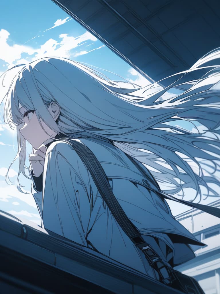  Monochrome, long hair, girl, cute, profile, wind, uniform, school rooftop, sky background, trumpet, masterpiece, best quality,8k,ultra detailed,high resolution,an extremely delicate and beautiful,hyper detail