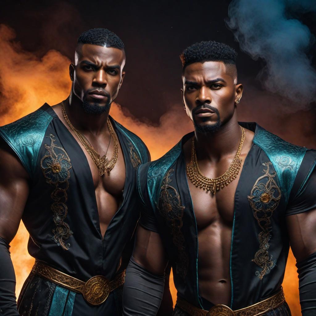  Angry black male twins in lofi fantasy style, Gemini zodiac, intense expressions, dark moody background, vibrant colors, celestial elements, intricate details. hyperrealistic, full body, detailed clothing, highly detailed, cinematic lighting, stunningly beautiful, intricate, sharp focus, f/1. 8, 85mm, (centered image composition), (professionally color graded), ((bright soft diffused light)), volumetric fog, trending on instagram, trending on tumblr, HDR 4K, 8K